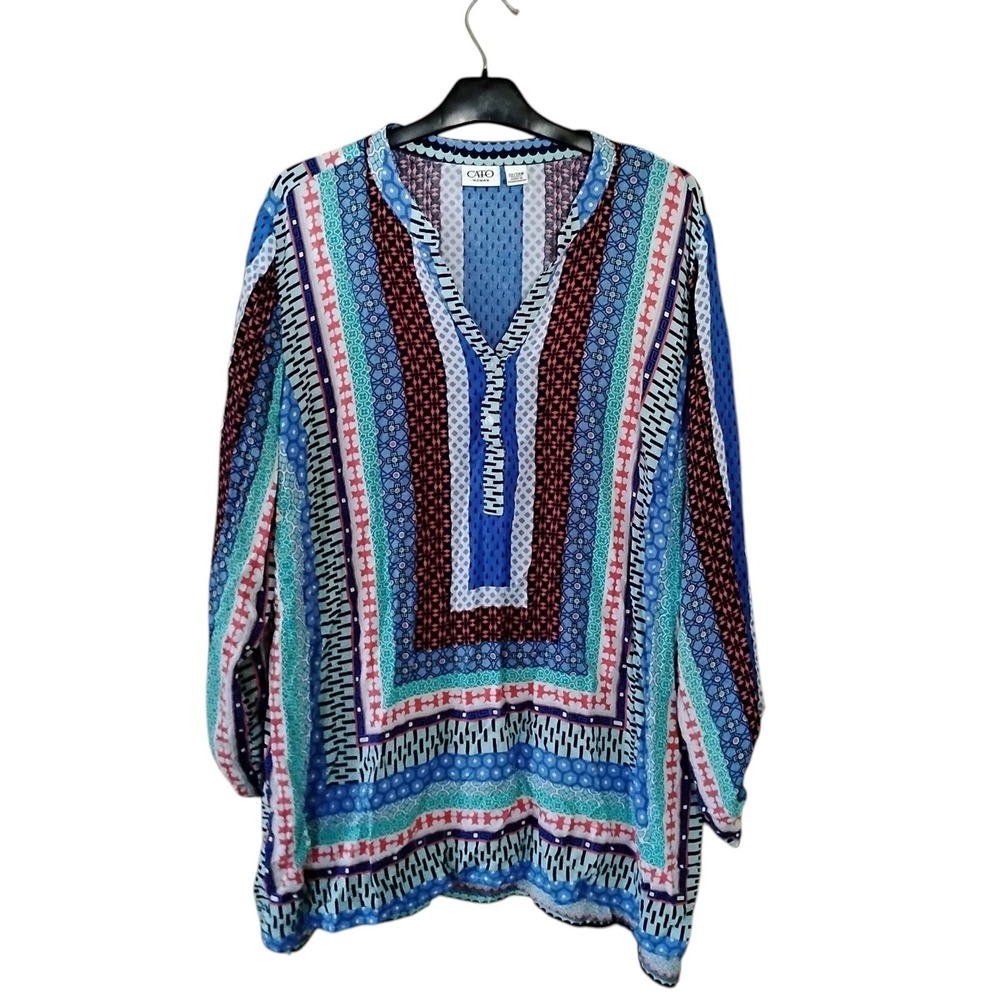 Cato Woman Blue Geometric Print Tunic Top 22/24W Rayon V-Neck Blouse